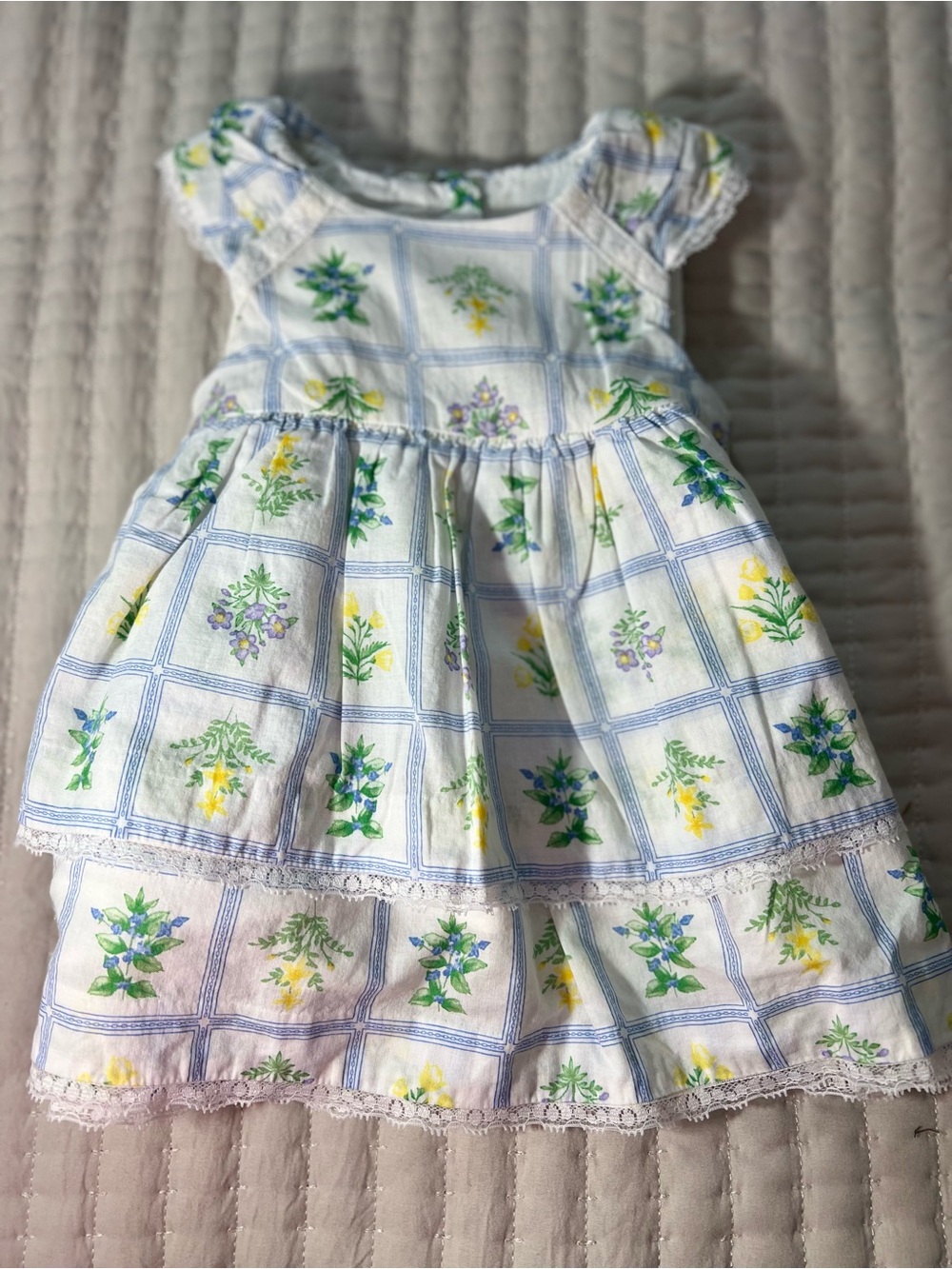 Janie and Jack White Sundress with Blue Grid and Yellow & Green Floral Print